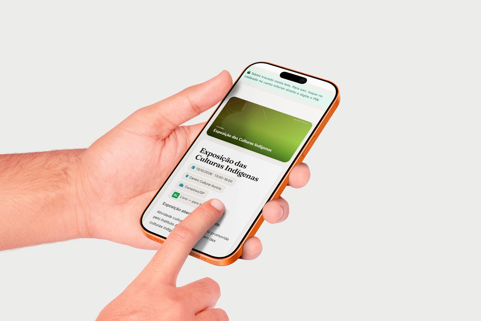 Celular com a tela de inscrição no evento Exposição das Culturas Indígenas