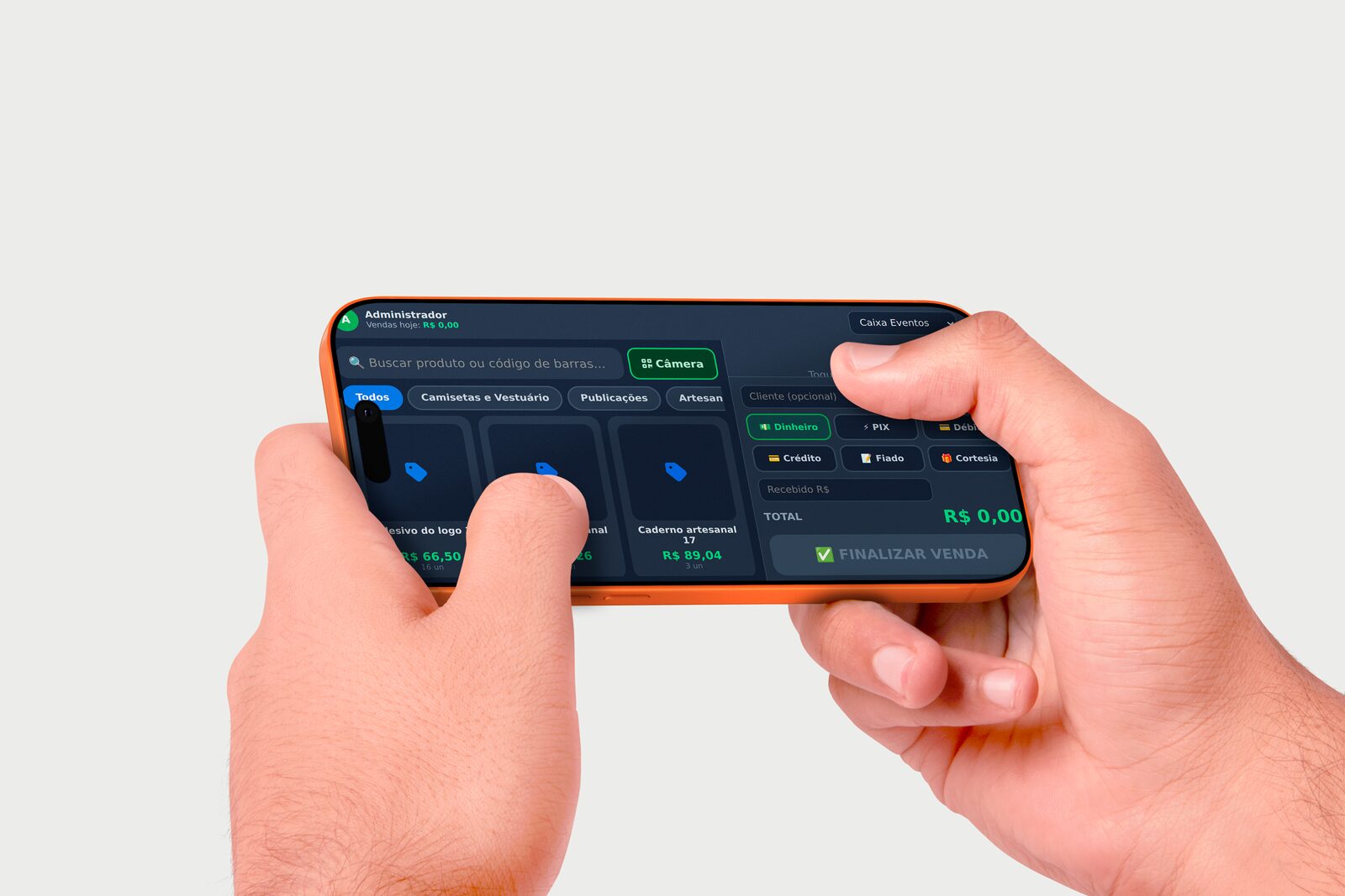 Celular deitado com o PDV do Chanzo: produtos, carrinho e formas de pagamento