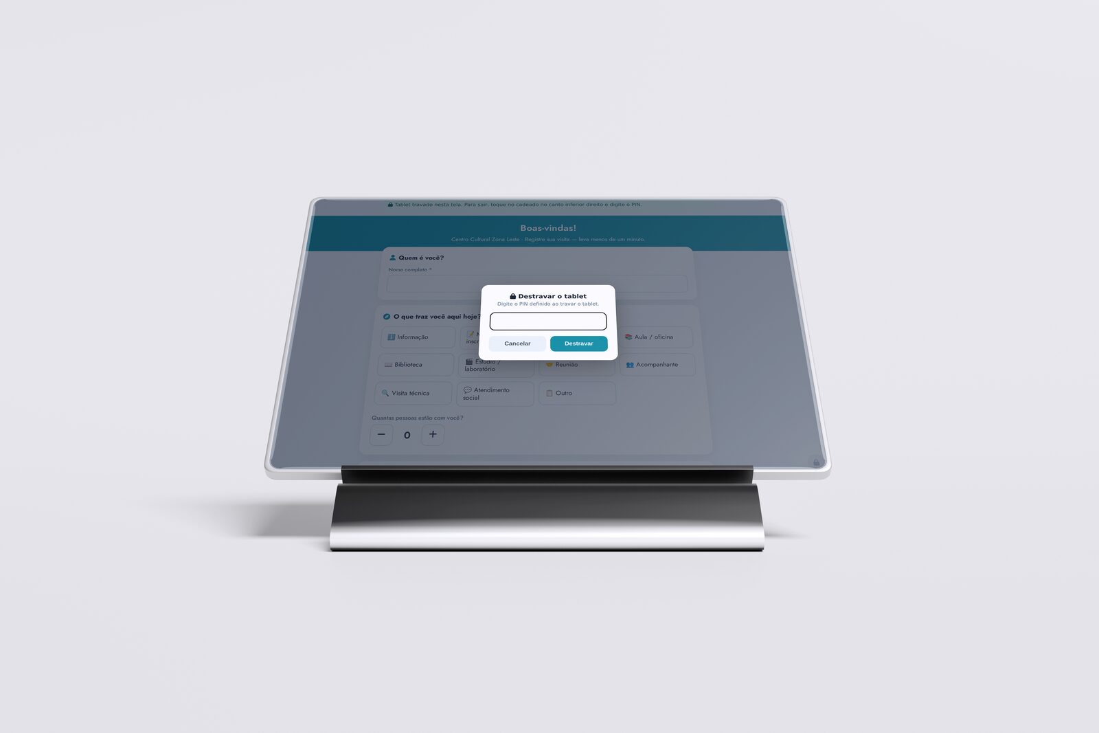 Tablet travado no suporte, com a janela de PIN para destravar