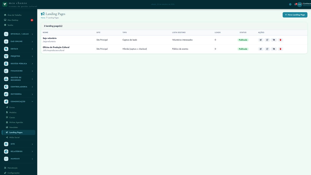 Tela do Chanzo: Landing Pages