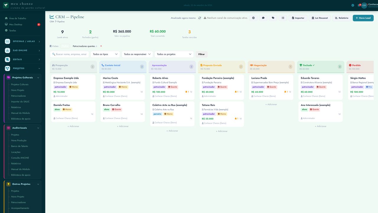 Tela do Chanzo: CRM — funil de captação