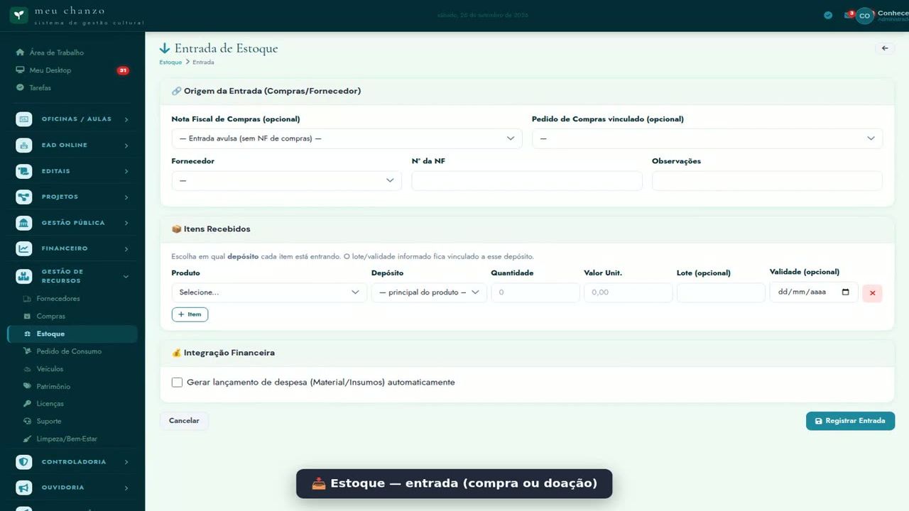 Tela do Chanzo: Estoque — entrada (compra ou doação)