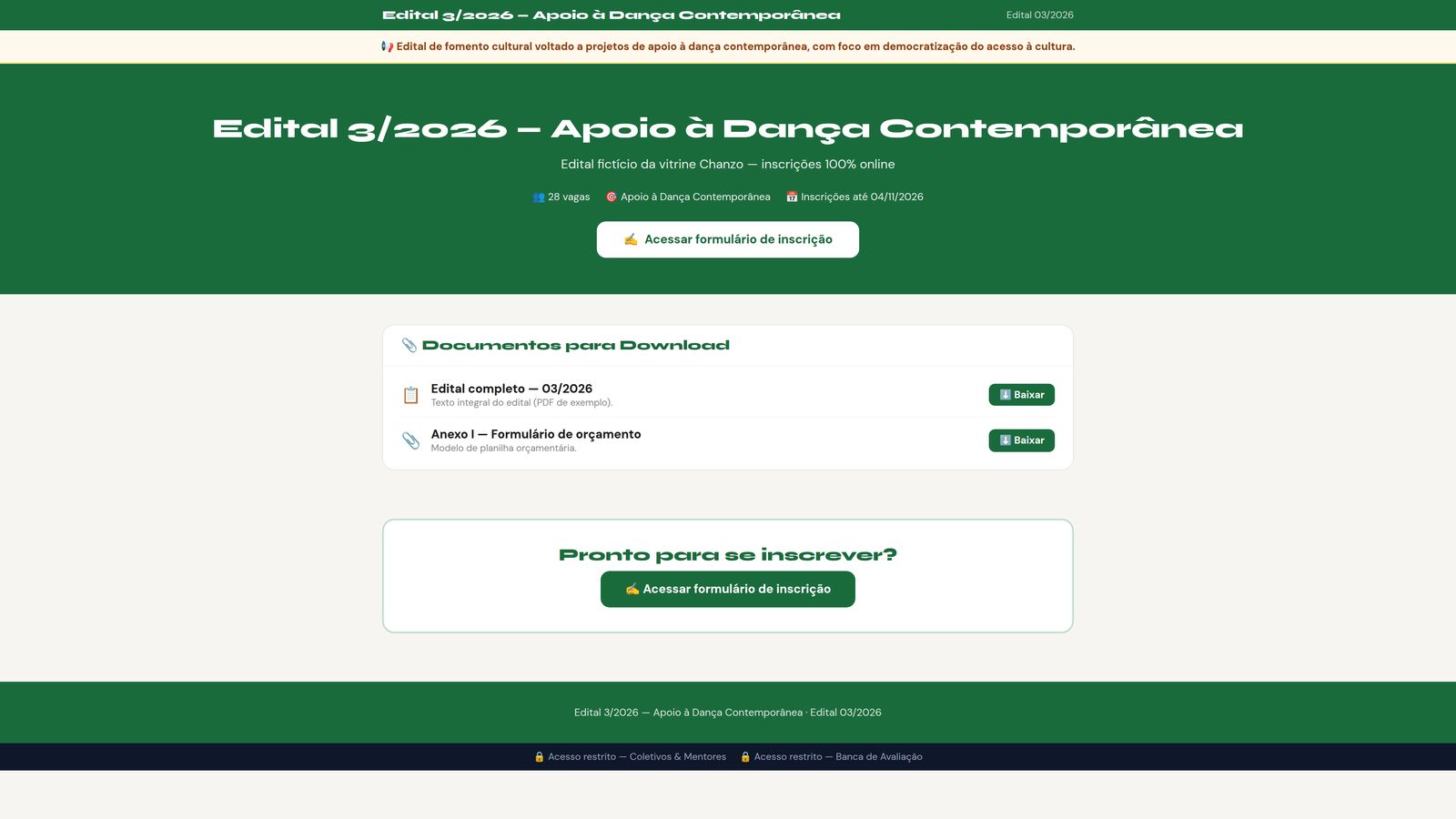 Tela do Chanzo: Edital (página pública)